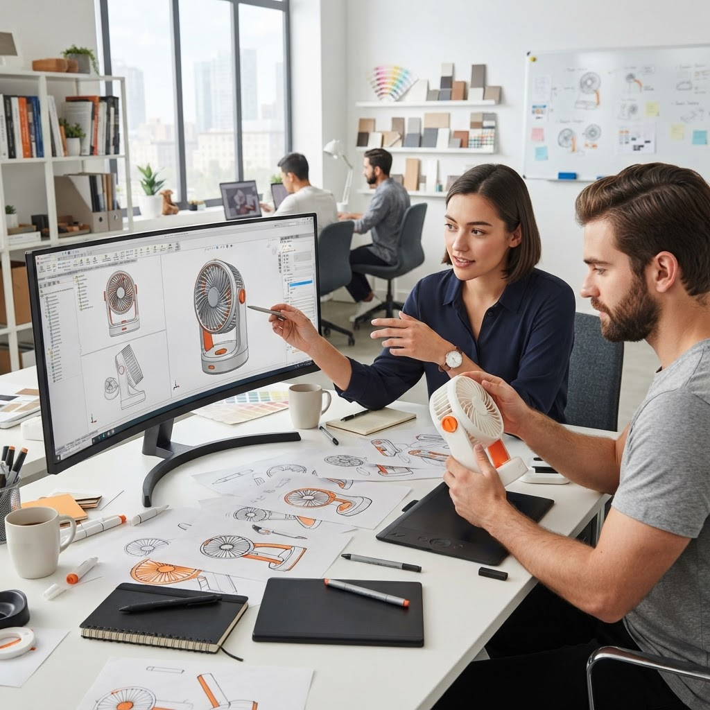 Industrial designers developing custom portable fan concepts